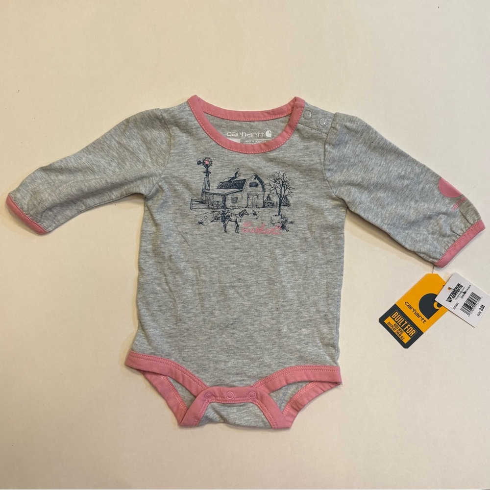 Infant Girl Carhartt Gray Baby Long Sleeve Onesie with Pink Trim 3M